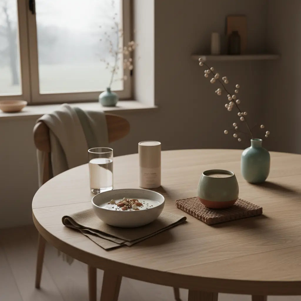 Minimalistisches, nährendes Frühstück mit Granola, pflanzlichem Joghurt, Nüssen, Shake und Glas Wasser auf nachhaltigem Tisch in europäischer Küche — Lustlosigkeit überwinden