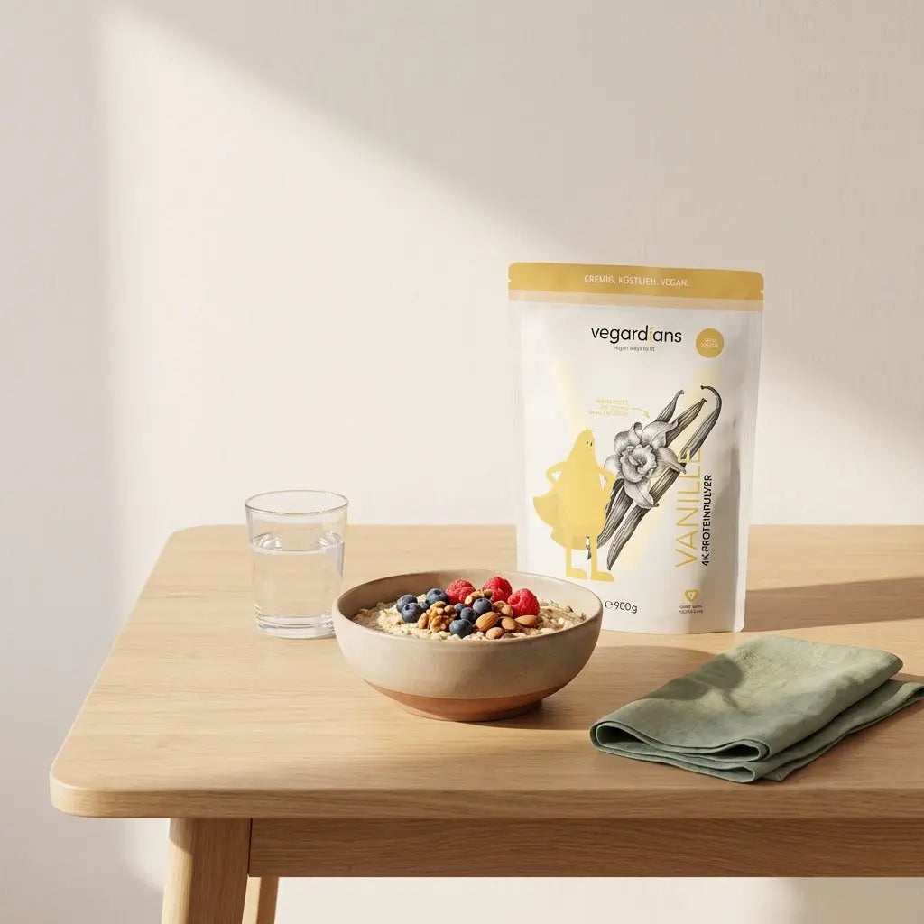 Veganes Frühstück in europäischer Küche: Hafer-Bowl mit Beeren und Nüssen auf Holztisch mit Glas Wasser, ruhige erdige Vegardians-Ästhetik – mit Kohlenhydraten abnehmen