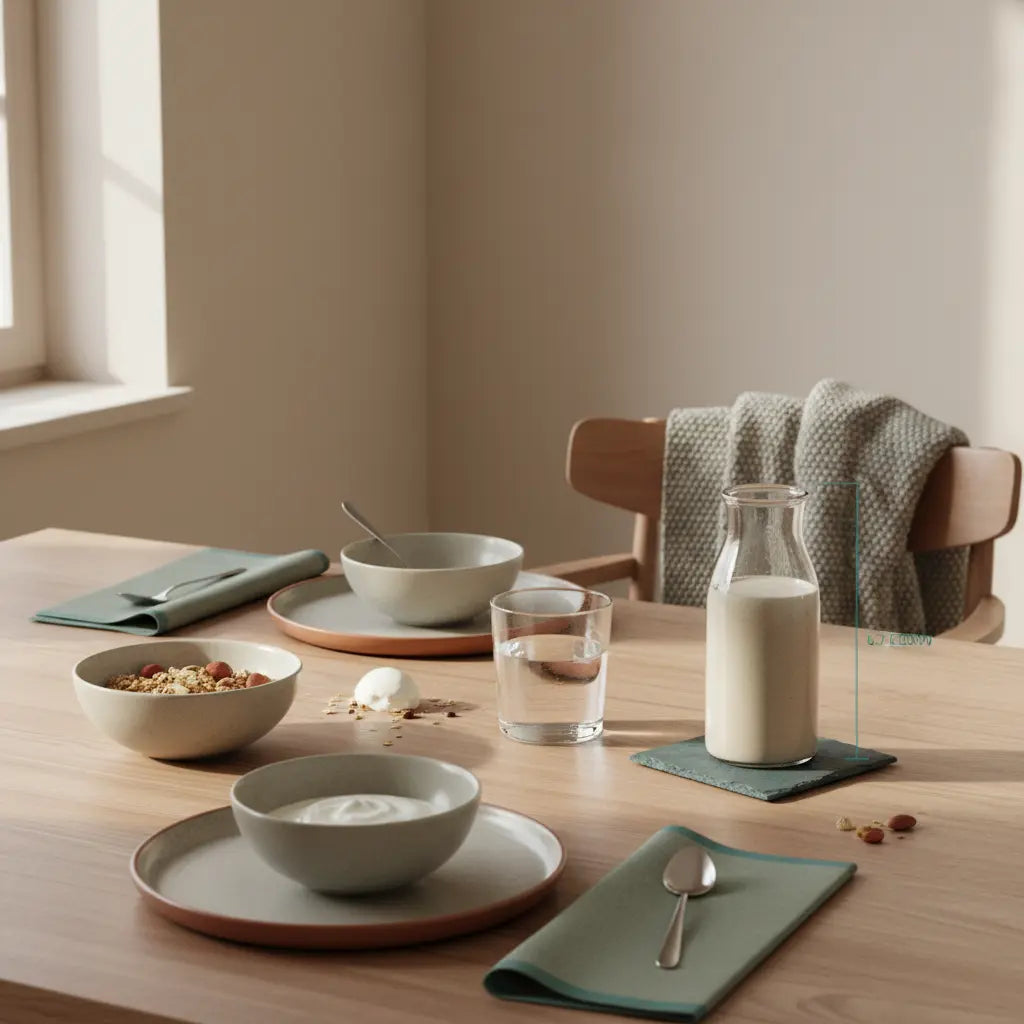 Motivation fürs Gym: Minimalistisches, nachhaltiges Frühstück mit Granola, Joghurt, Nüssen und veganem Shake auf Holztisch im weichen Morgenlicht, Produkt aus Referenzfotos sichtbar.