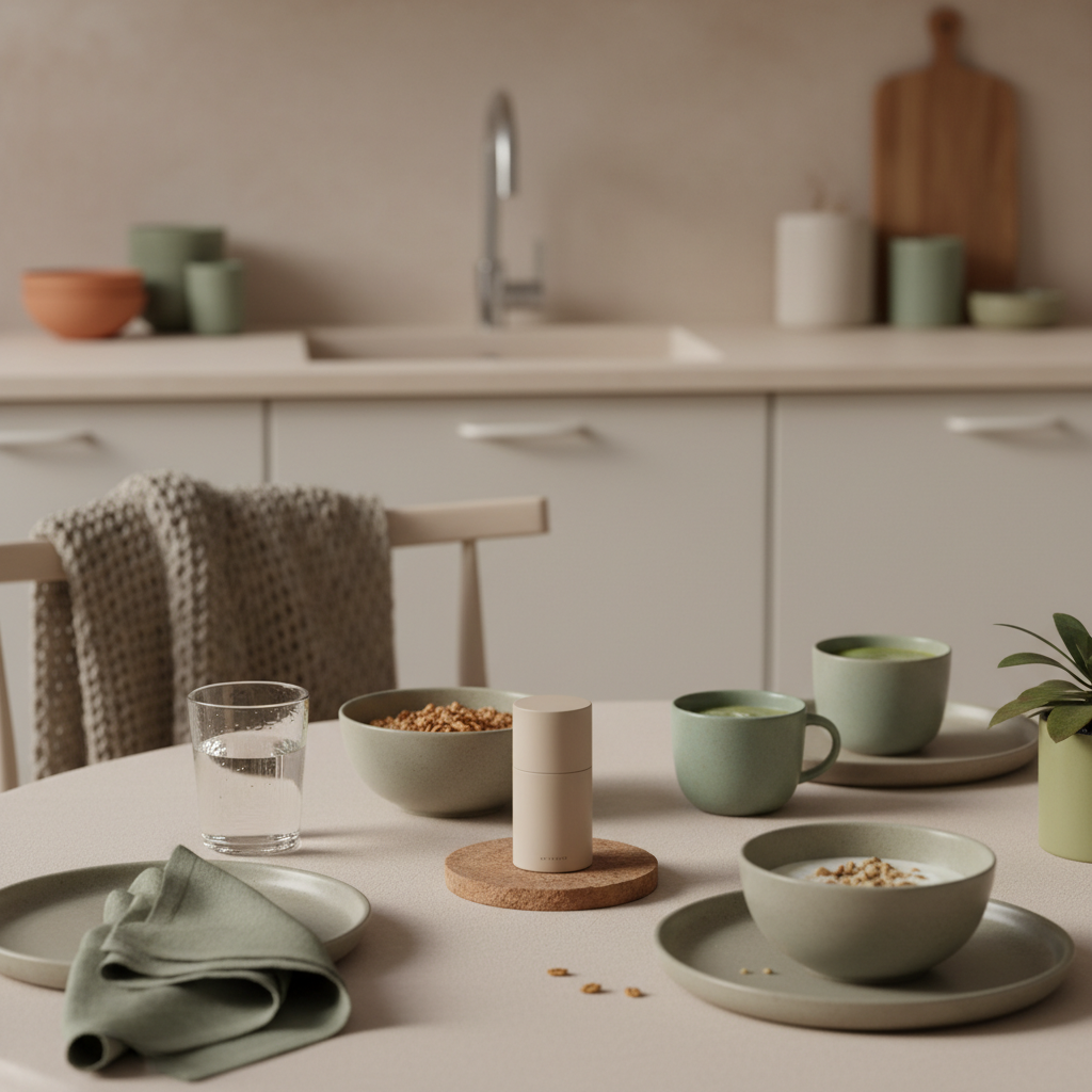 Minimalistisches veganes Frühstück in einer europäischen Küche mit Granola, Joghurt, Nüssen, Shake, klarem Wasserglas und dem Produkt aus den Referenzfotos — Motivation fürs Bodybuilding.