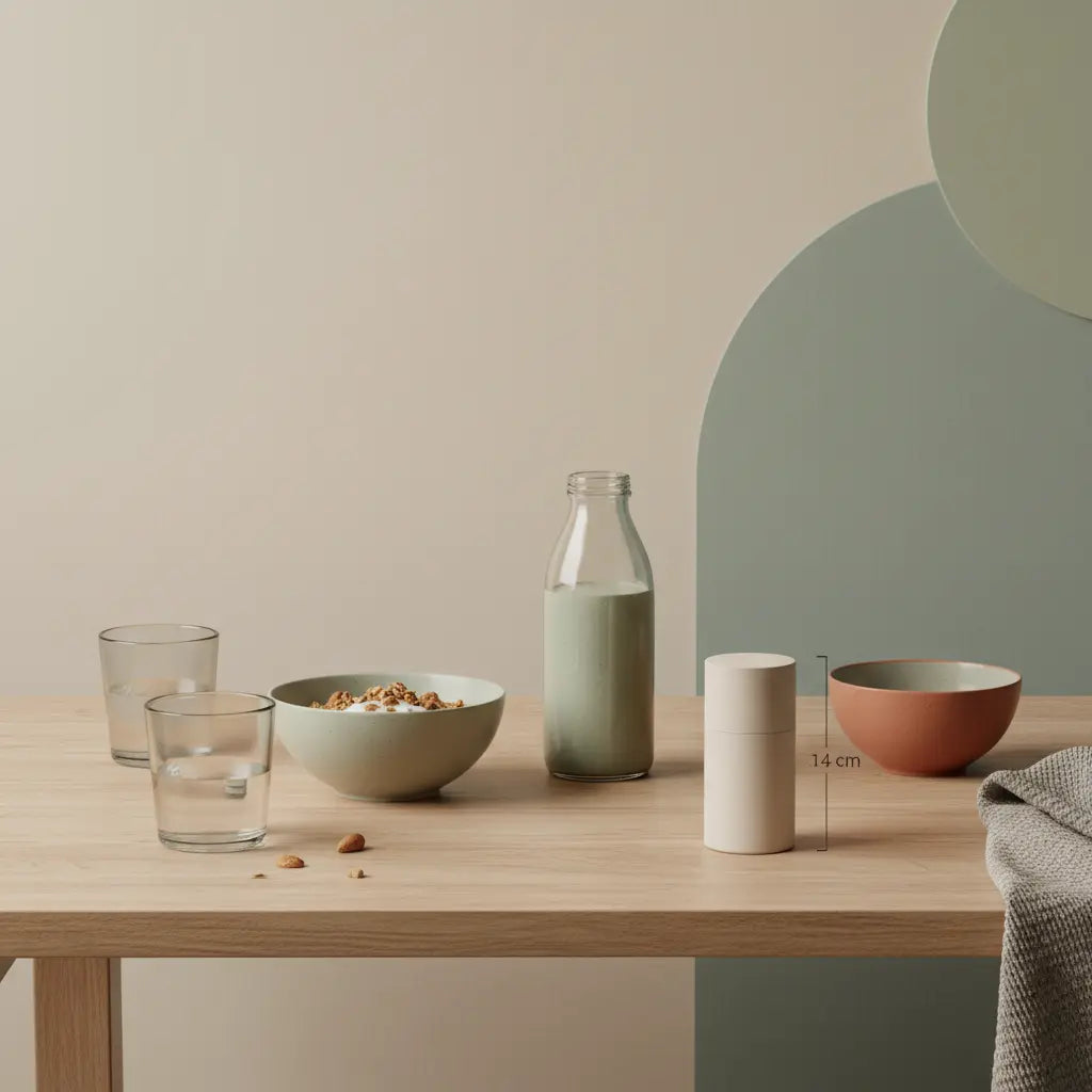 Minimalistisches Morgenfrühstück mit Granola, pflanzlicher Joghurt-Bowl, Nüssen, Shake und Glas Wasser auf nachhaltigem Holztisch – Motivation fürs Krafttraining