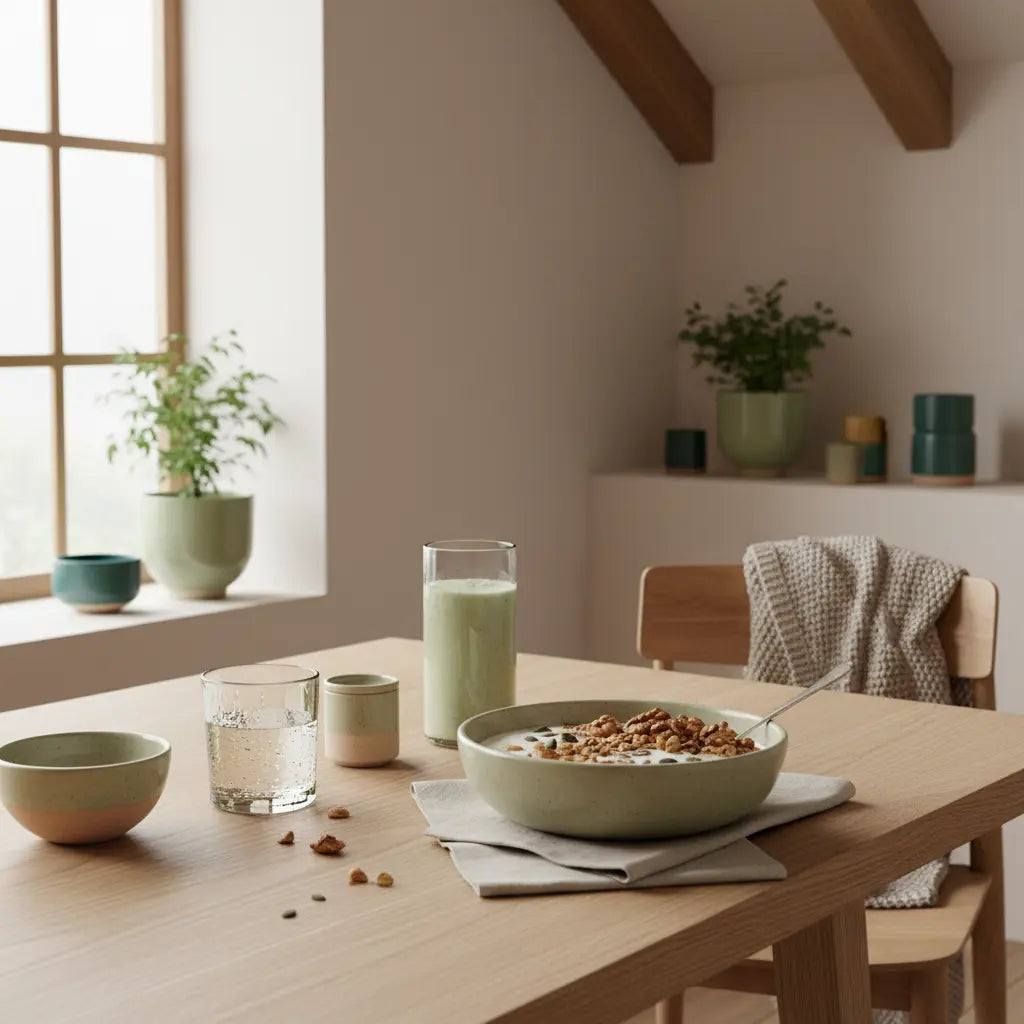 Ruhiges Frühstück in europäischer Küche mit Glas Wasser, Schüssel Granola, pflanzlichem Joghurt, Shake und dem Produkt aus Referenzfotos. Motivation im Winter.