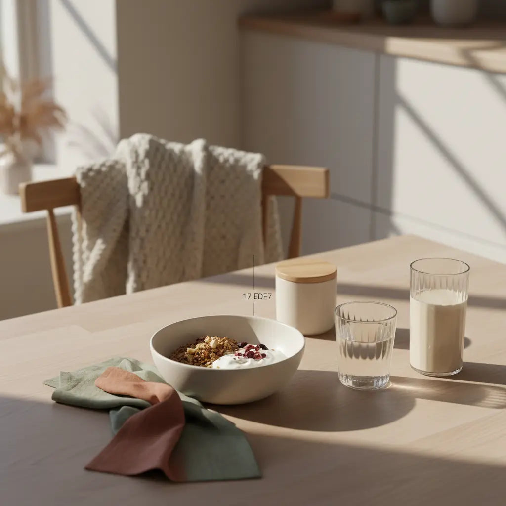 Ruhevolles Winterfrühstück mit veganem Granola, Shake, Glas Wasser und Wolltextilien in einer hellen europäischen Küche – Motivation im Winter