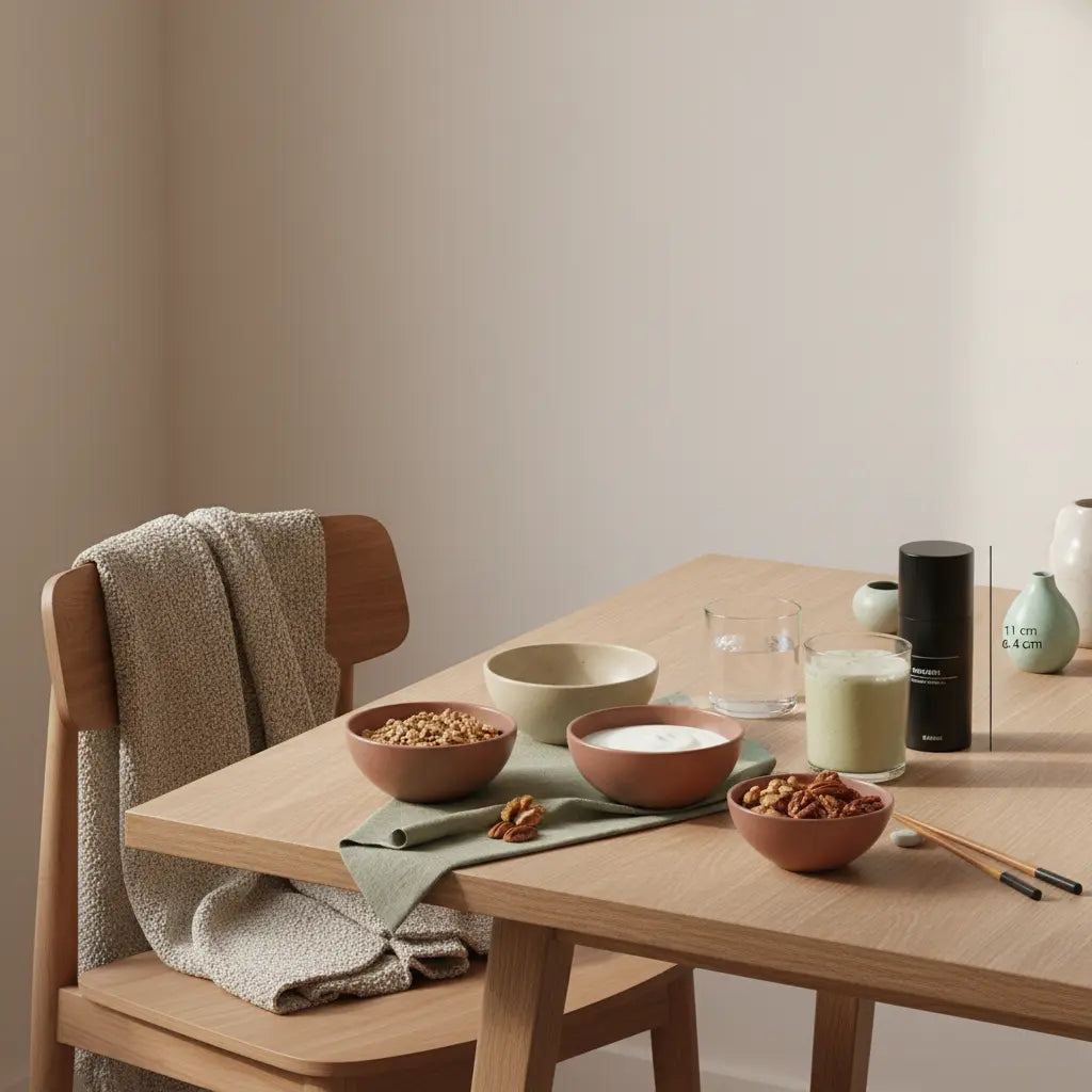 Motivation im Winter: Minimalistisches Frühstück in einer europäischen Küche mit Granola, Joghurt, Nüssen, veganem Shake und dezenten Woll- und Leinenakzenten.