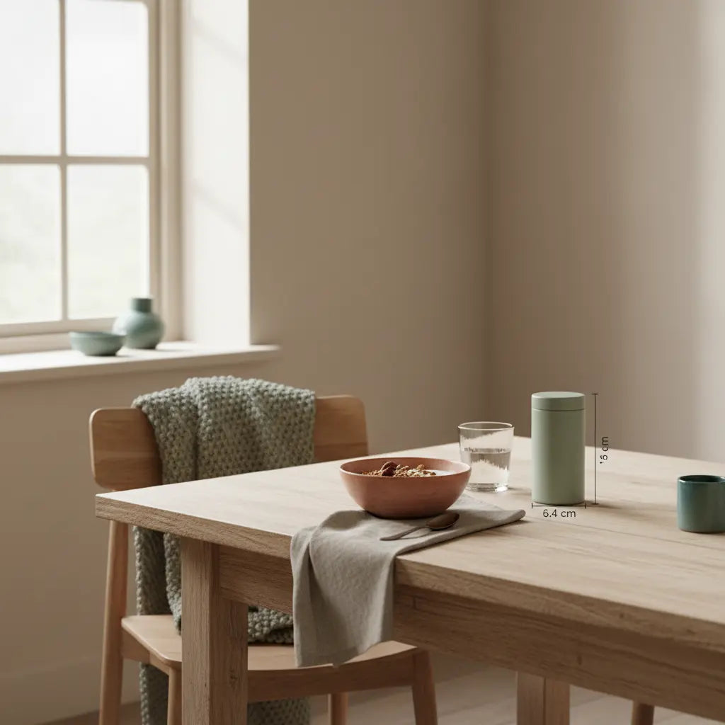 Ruhiges Winterfrühstück mit Granola, Nüssen, Pflanzenshake, klarem Wasserglas und dem Produkt aus den Referenzfotos auf nachhaltigem Tisch – motivation im winter