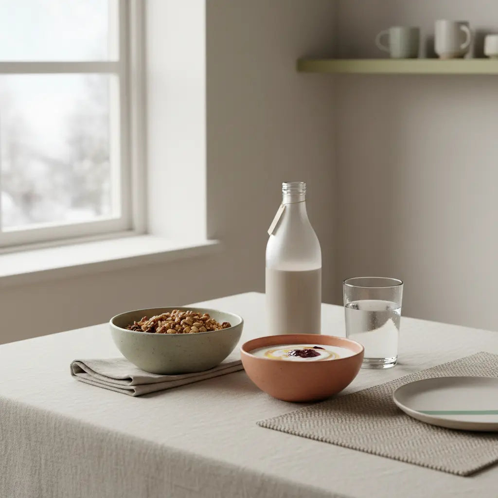 Minimalistisches winterliches Frühstück mit Granola, pflanzlichem Joghurt, Nüssen, Shake und dem Produkt aus den Referenzfotos – Motivation im Winter