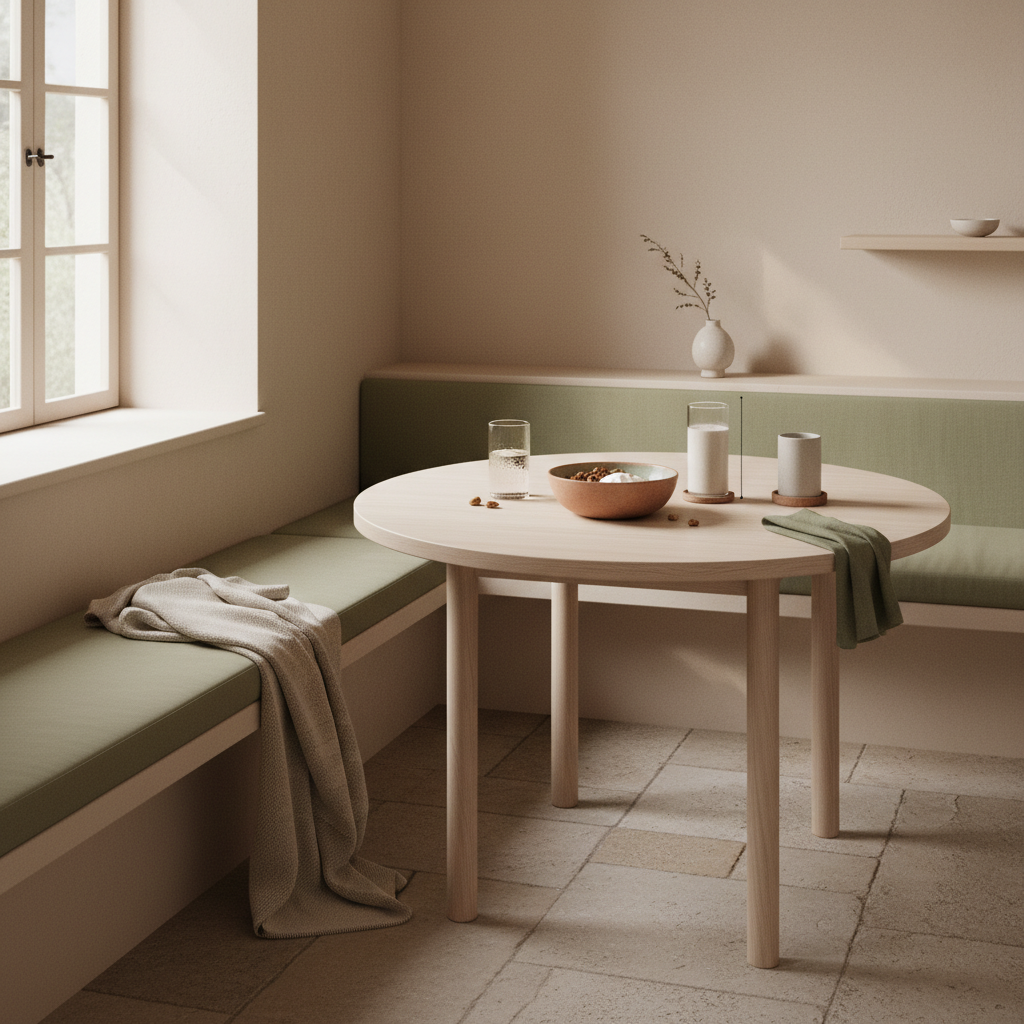 Minimalistisches Frühstück mit Granola, Joghurt, Nüssen und Shake in einer nachhaltigen Küchenszene – Motivation steigern durch langsames, nährendes Morgenritual.