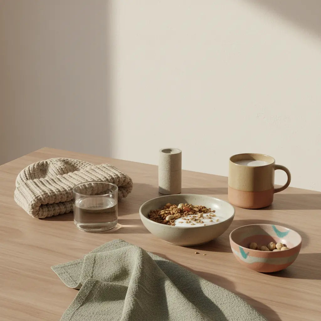 Minimalistisches Frühstück: vegane Granola-Bowl, Joghurt, Shake und Produkt aus Referenzfotos in warmer, erdiger Küchenstimmung. Motivationssprüche fürs Fitnessstudio