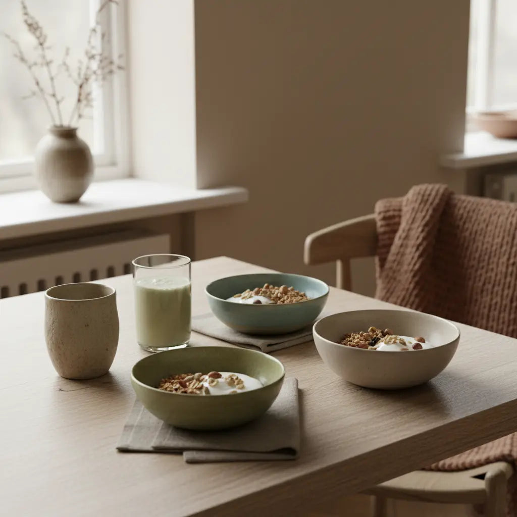 Veganes, nährendes Frühstück mit Granola, pflanzlichem Joghurt, Nüssen und Shake in minimalistischer Küche – ideal für Muskelaufbau Ernährung