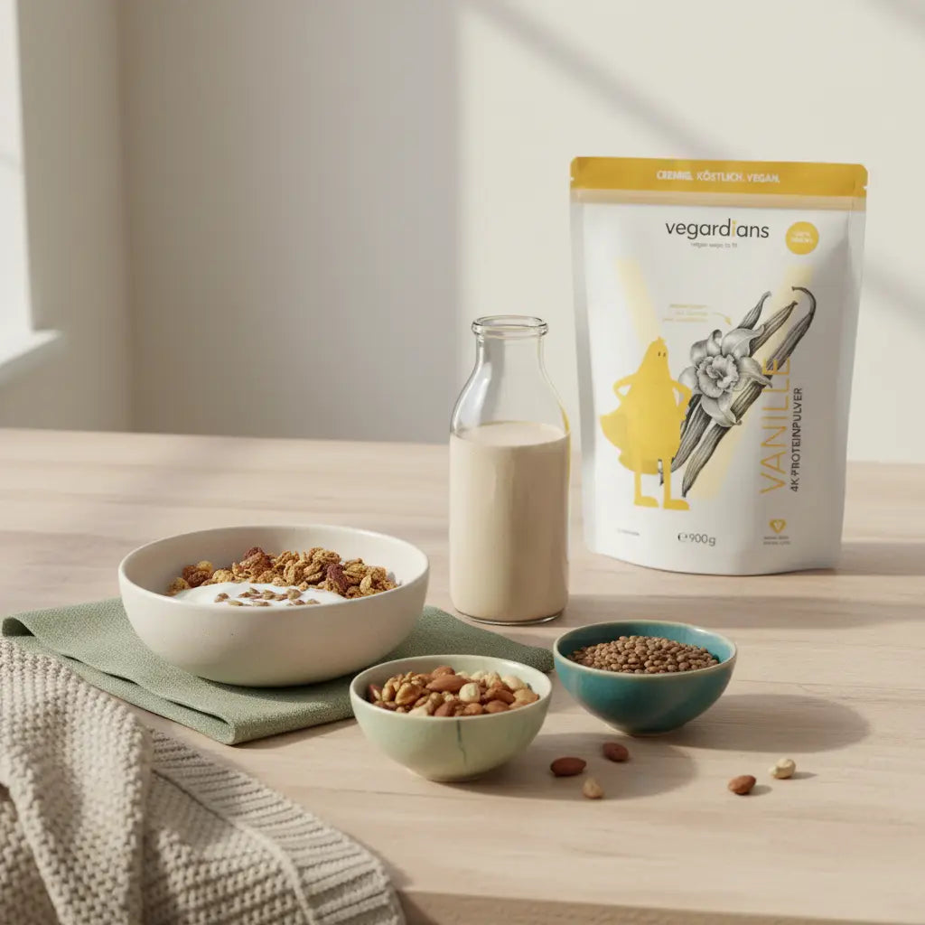 Muskelaufbau für Frauen: proteinreiches veganes Frühstück auf nachhaltigem Holztisch, Müsli mit Joghurtalternative, Nüsse, kleine Schale Linsen und Proteinshake, ruhiges Morgenlicht
