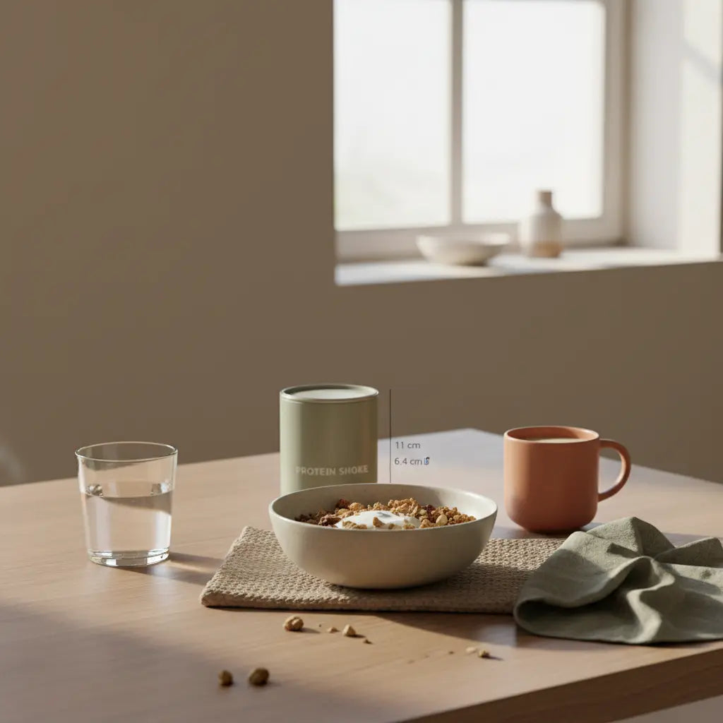 Minimalistisches Frühstück mit veganem Granola, Nüssen, Shake und Glas Wasser in europäischer Küche im Morgenlicht — fördert Muskelaufbau in 4 Wochen