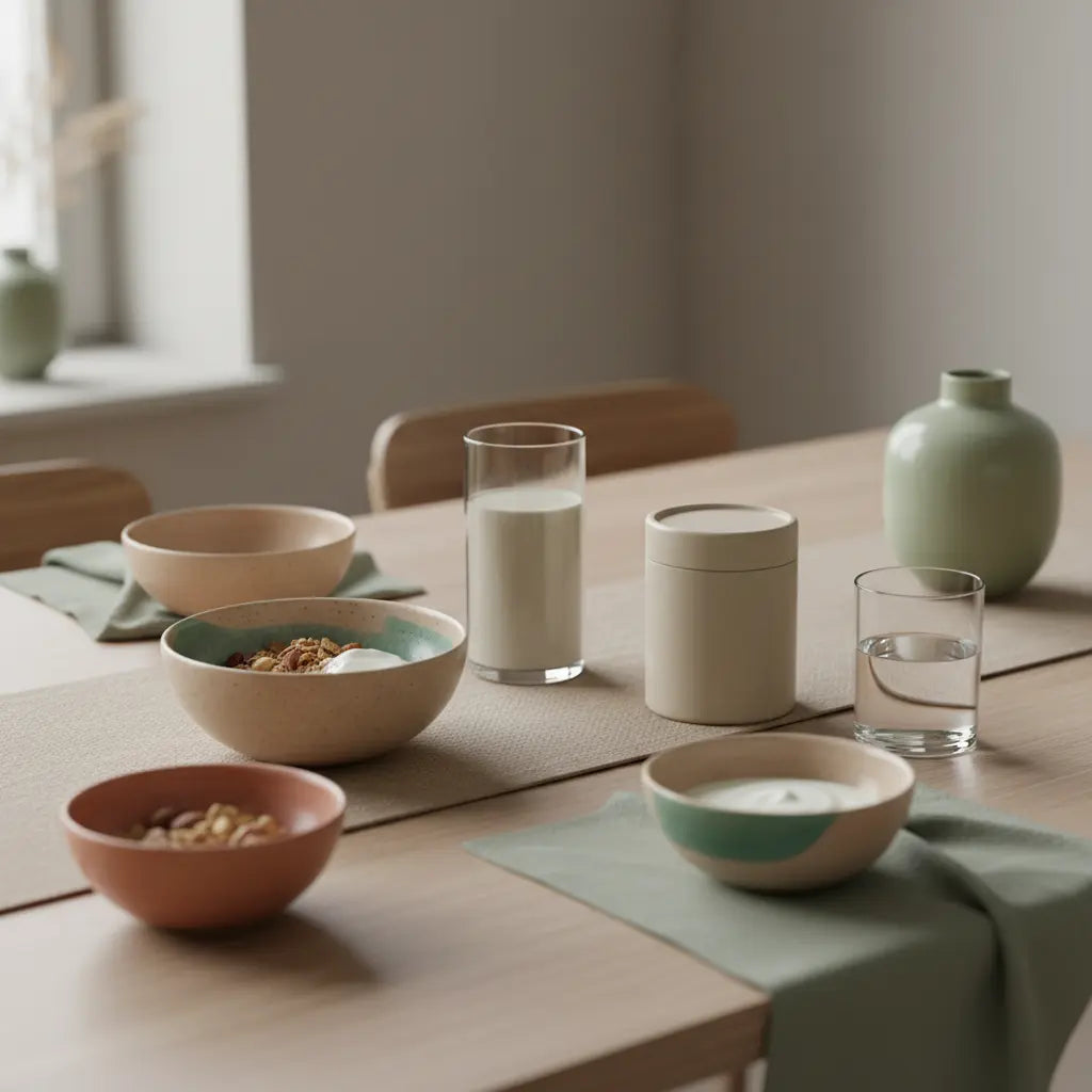 Minimalistisches Frühstück mit Granola, pflanzlichem Joghurt, Nüssen und Shake auf nachhaltigem Holztisch – ruhig und nährend, ideal für muskelaufbau mit wenig kalorien.