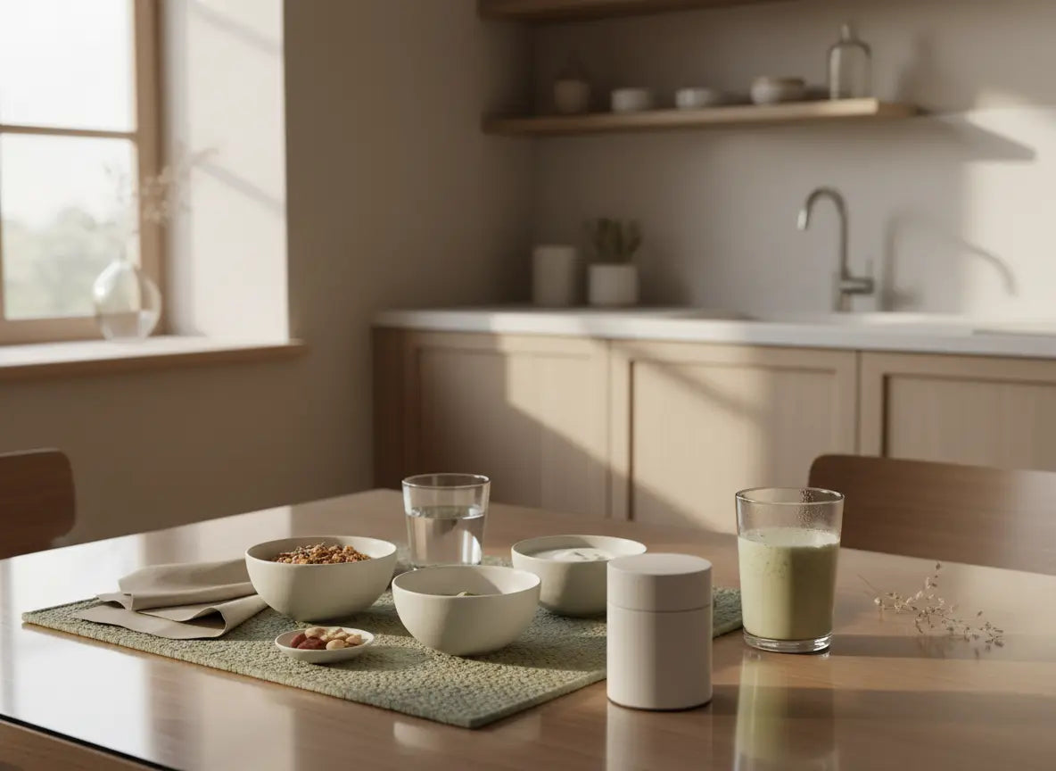 Minimalistisches veganes Frühstück mit Granola, pflanzlichem Joghurt, Nüssen und Shake in einer hellen europäischen Küche, ruhige nährende Morgenstimmung, muskelaufbau ohne protein