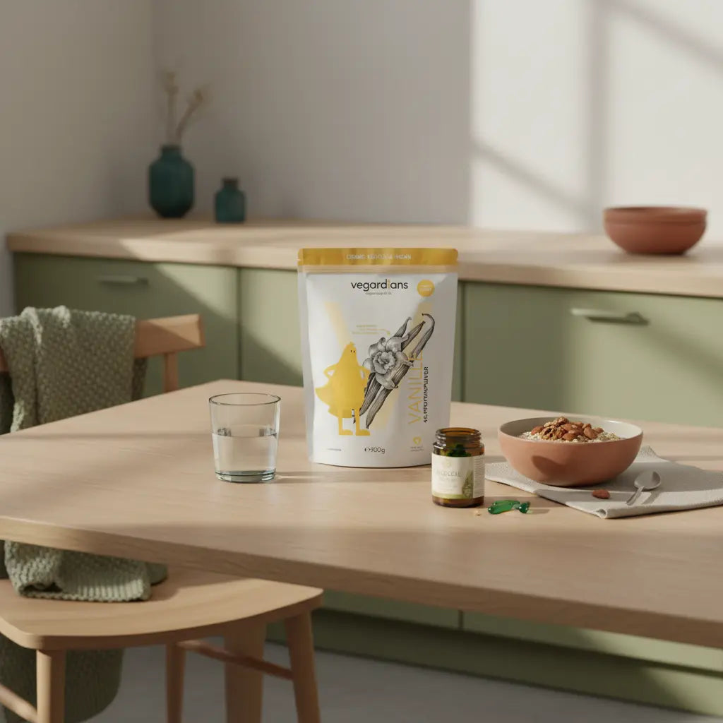 Minimalistische Morgenküche mit nachhaltigem Holztisch, Glas Wasser, Haferflocken, Algenöl‑Kapseln und Protein‑Becher (Das Produkt aus den Referenzfotos) — Muskelaufbau Präparate.