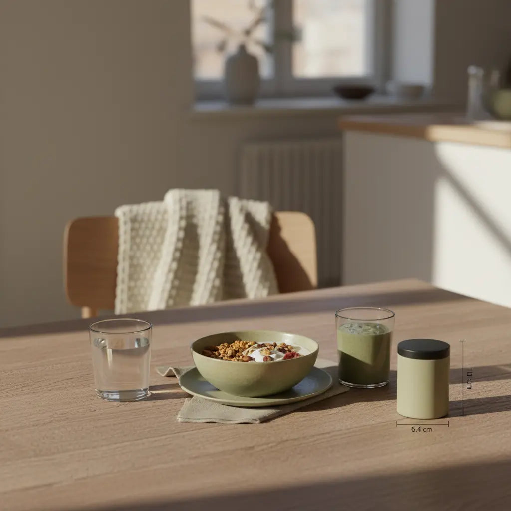 Minimalistisches veganes Frühstück in europäischer Küche mit Granola, Joghurt, Nüssen und Shake, nährendes Setting für Muskelaufbau schnell