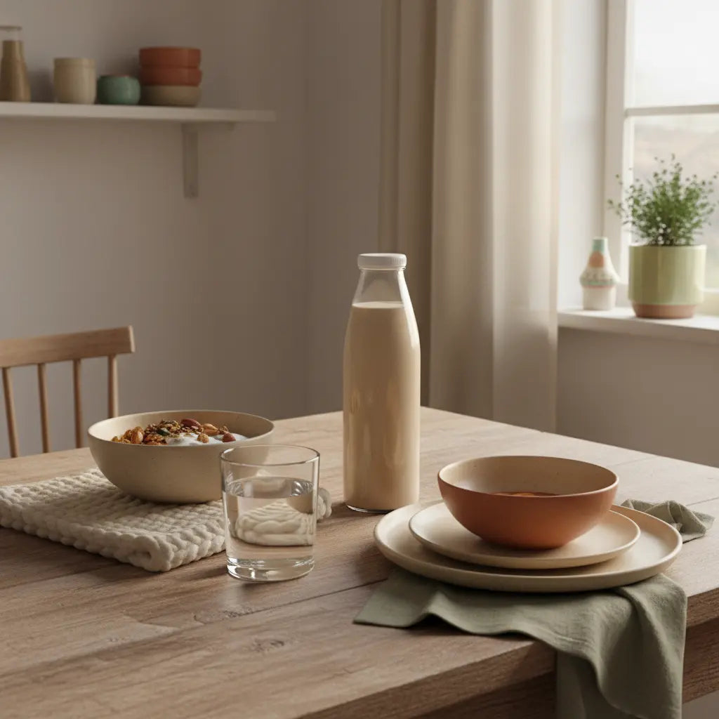 Minimalistisches Frühstück in europäischer Küche mit Granola, pflanzlichem Joghurt, Nüssen und Proteinshake; ruhige, erdige Farben, Fokus: Muskelwachstum anregen.