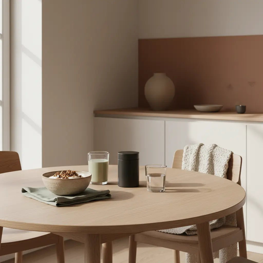 Minimalistisches Frühstück mit Granola, Joghurt, Nüssen und veganem Shake auf nachhaltigem Tisch im weichen Morgenlicht – neue Routinen für ein bewusstes, nährendes Morgen.