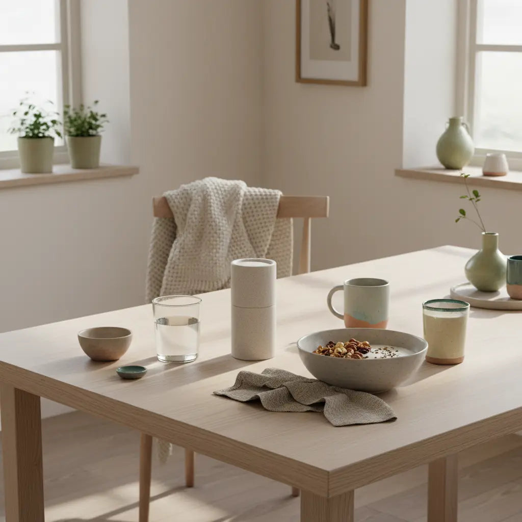 Minimalistisches veganes Frühstück mit Granola, Joghurt, Nüssen und Shake auf nachhaltigem Tisch in europäischer Küche – neujahrsvorsaetze