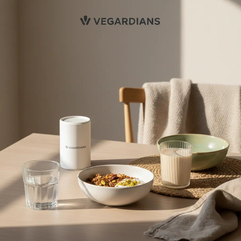 Veganes Frühstück mit Granola, Joghurt, Nüssen und Shake auf minimalistischem Tisch im Morgenlicht – nachhaltig, ruhig und passend zu neujahrsvorsätze.