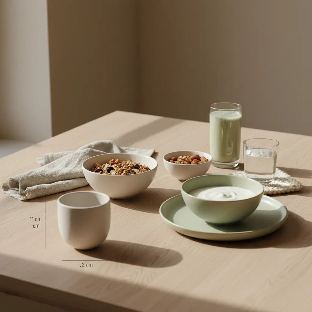 Minimalistisches veganes Frühstück mit Granola, Joghurt, Nüssen und Shake in einer europäischen Küche im Morgenlicht — Neujahrsvorsätze Gesundheit