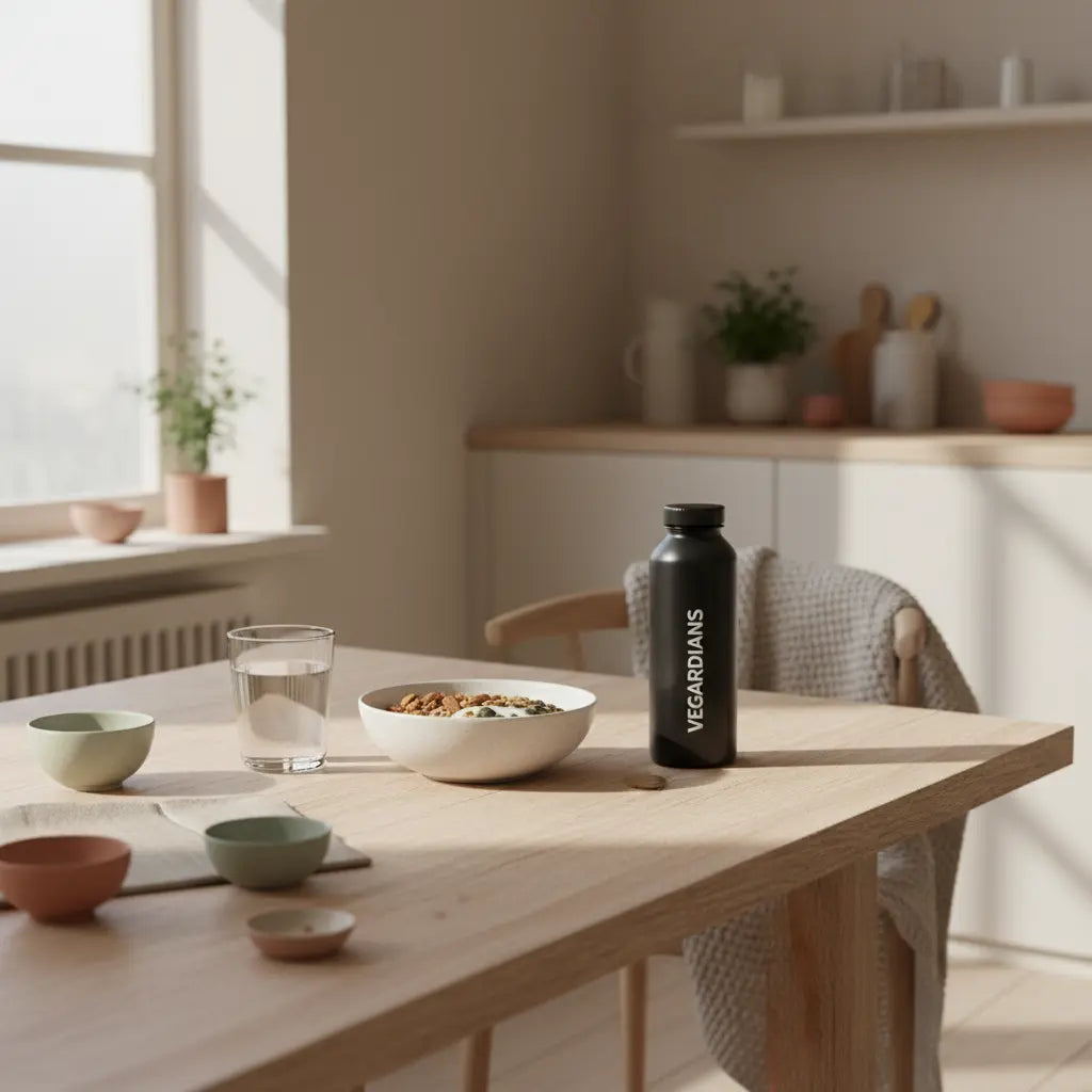 Minimalistisches Vegardians-Frühstück mit veganer Granola, Protein-Shake und Glas Wasser in heller Küche – motivierend Neujahrsvorsätze umsetzen und gesund starten.