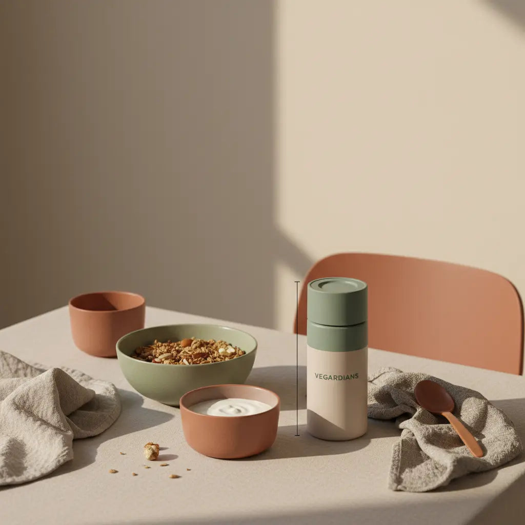 Minimalistisches Frühstück mit Granola, pflanzlichem Joghurt, Nüssen und Shake auf Keramikschalen in sanftem Morgenlicht – Neujahrswünsche 2025