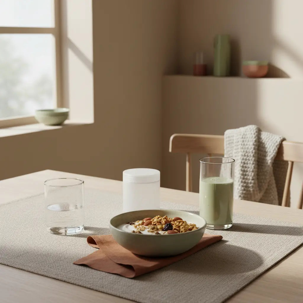 Minimalistisches Frühstück in europäischer Küche mit Granola, pflanzlichem Joghurt, Nüssen, Shake und dem Produkt aus den Referenzfotos (Nutella Plant-Based) auf hellem beige Hintergrund.