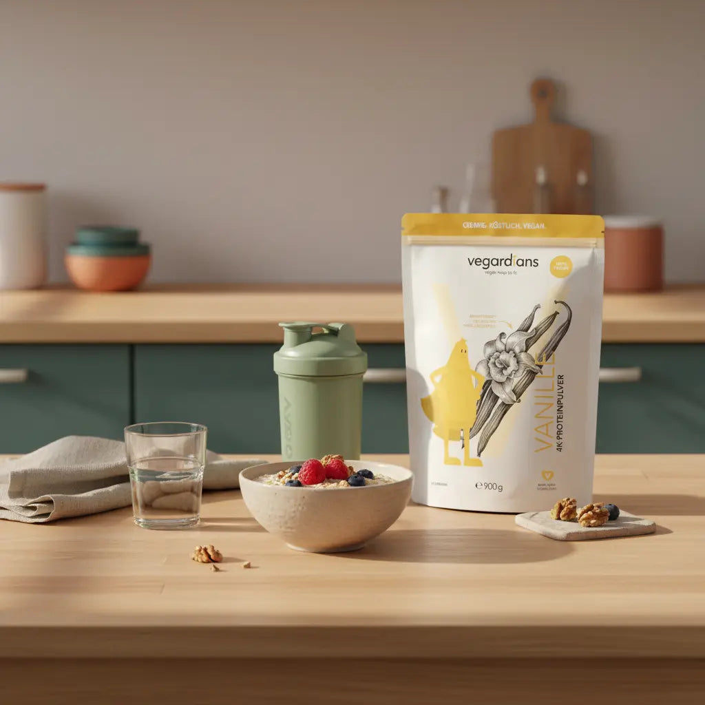 Minimalistische europäische Küchenzeile mit Hafer, Beeren, Wasserglas und Vegardians-Produkt – Tipps, um den Oberbauch flacher bekommen