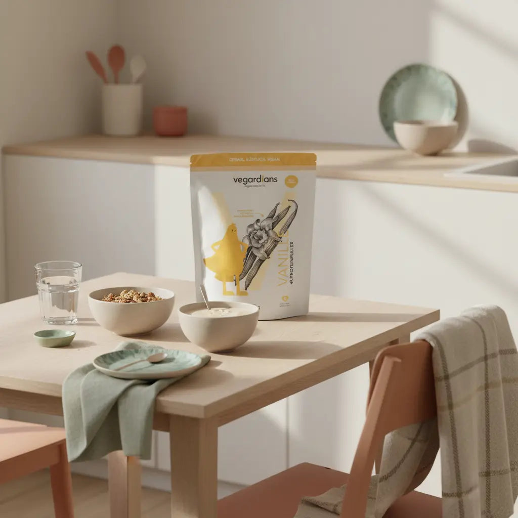 Minimalistische Frühstücksszene mit Müsli, veganem Shake und Glas Wasser auf nachhaltigem Holztisch in sanftem Morgenlicht, Thema oberschenkel abnehmen.