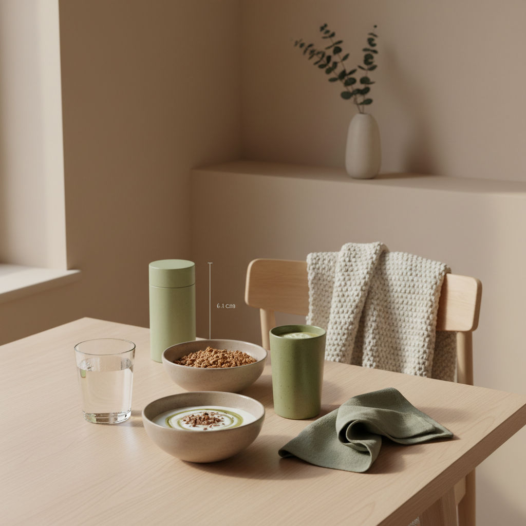 Europäisches Morgenessen mit Granola, Joghurt, Nüssen und Shake, sauberes Wasserglas und Wolltexturen, mit Das Produkt aus den Referenzfotos — Obst für Muskelaufbau