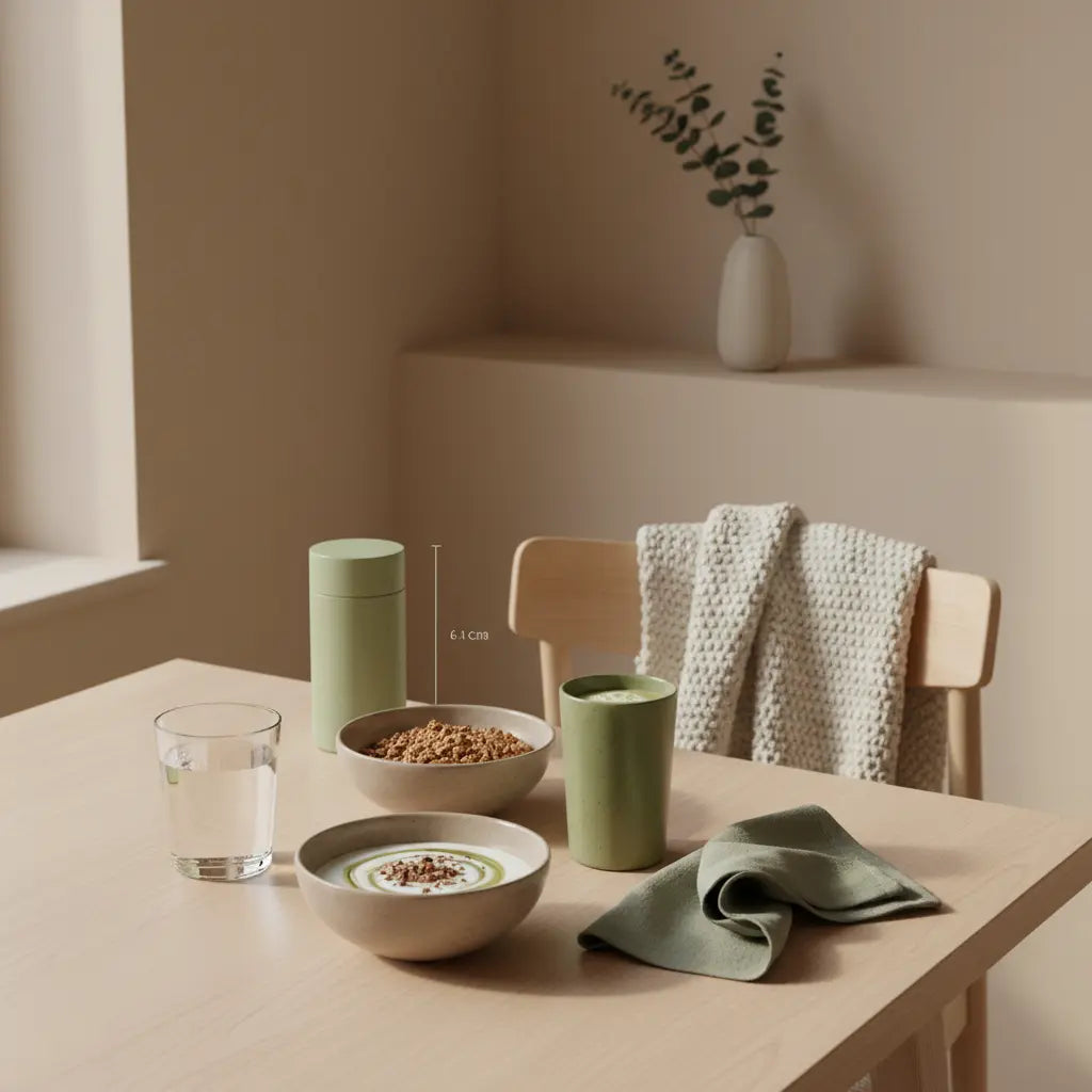 Europäisches Morgenessen mit Granola, Joghurt, Nüssen und Shake, sauberes Wasserglas und Wolltexturen, mit Das Produkt aus den Referenzfotos — Obst für Muskelaufbau