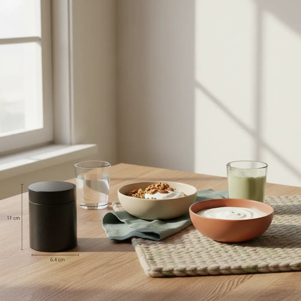 Minimalistisches Frühstück mit Granola, pflanzlichem Joghurt, Nüssen und Shake auf nachhaltigem Tisch im Vegardians-Stil – Ölersatz beim Kochen