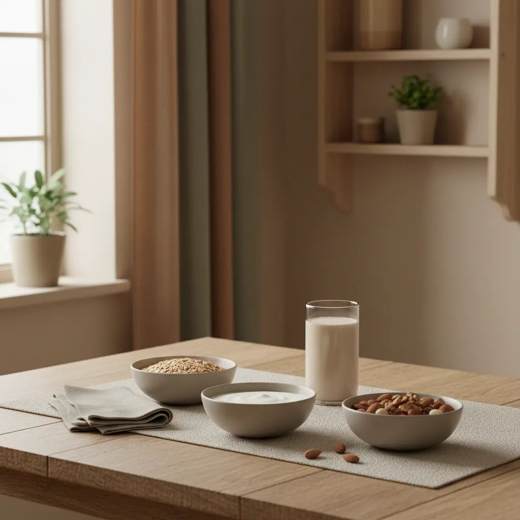 Minimalistische Morgenküche: nachhaltiges Frühstück mit Hafergranola, pflanzlichem Joghurt, Nüssen und Shake — ohne Proteinpulver Muskeln aufbauen.