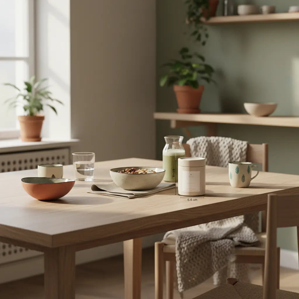 Veganer Frühstückstisch in europäischer Küche bei Morgenlicht mit Granola, pflanzlichem Joghurt, Nüssen, Shake und dem Produkt aus Referenzfotos – Omega-3 Erkältung