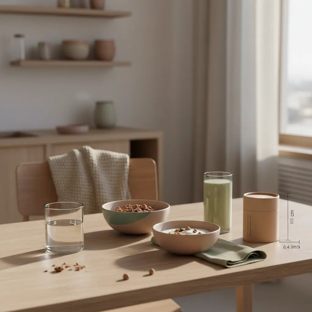 Sanftes Morgenfrühstück mit Granola, pflanzlichem Joghurt, Nüssen und Shake auf nachhaltigem Tisch – nährende vegane Szene zur omega-3 erkältung vorbeugung.