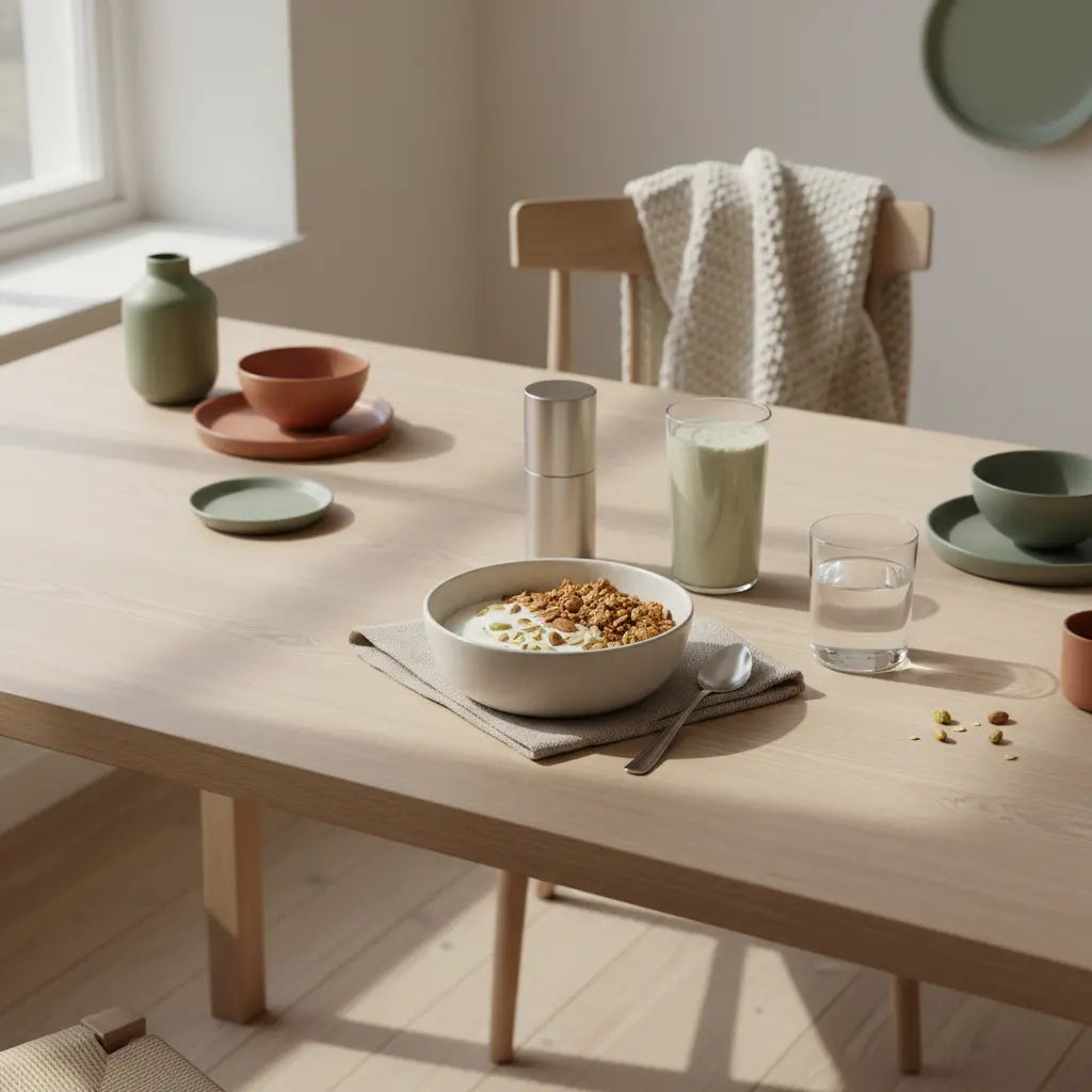 Minimalistisches Frühstück mit Hafer-Joghurt, Granola, Nüssen und Shake auf nachhaltigem Tisch in europäischer Küche bei Morgenlicht — nährend für omega-3 immunsystem.