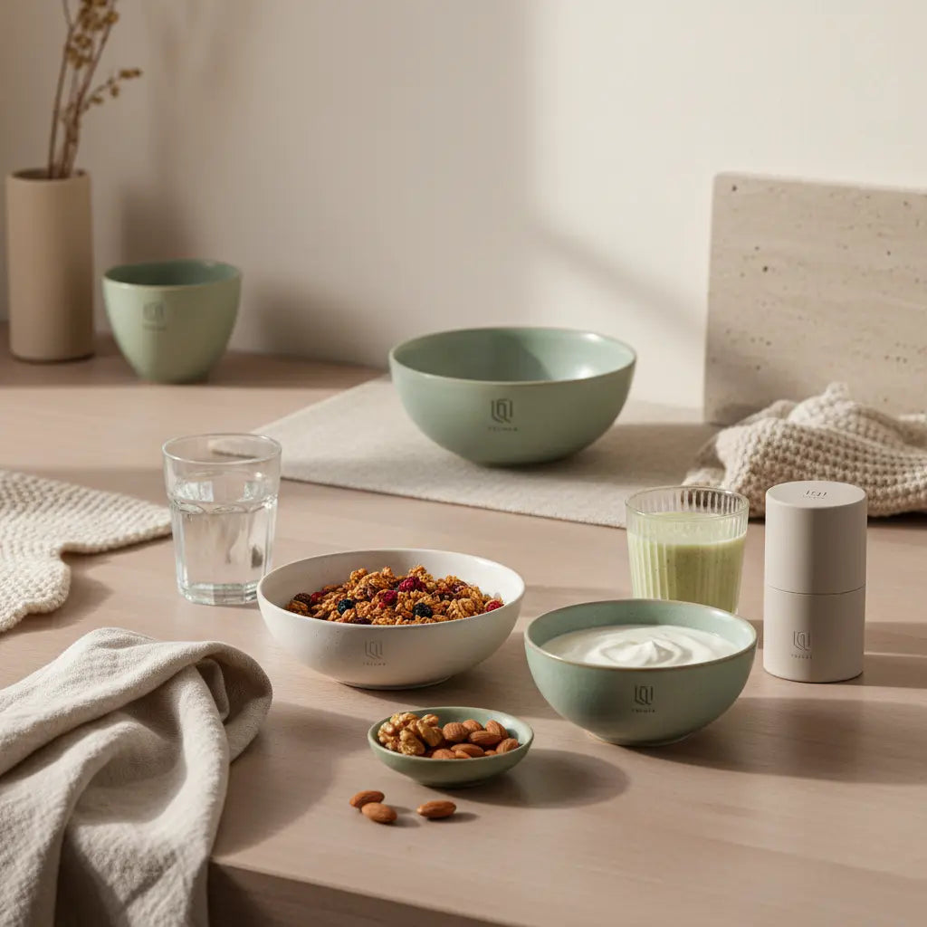 Omega-3 Nebenwirkungen: Minimalistisches veganes Frühstück in europäischer Küche mit Granola, pflanzlichem Joghurt, Nüssen, Shake und Produkt aus den Referenzfotos.