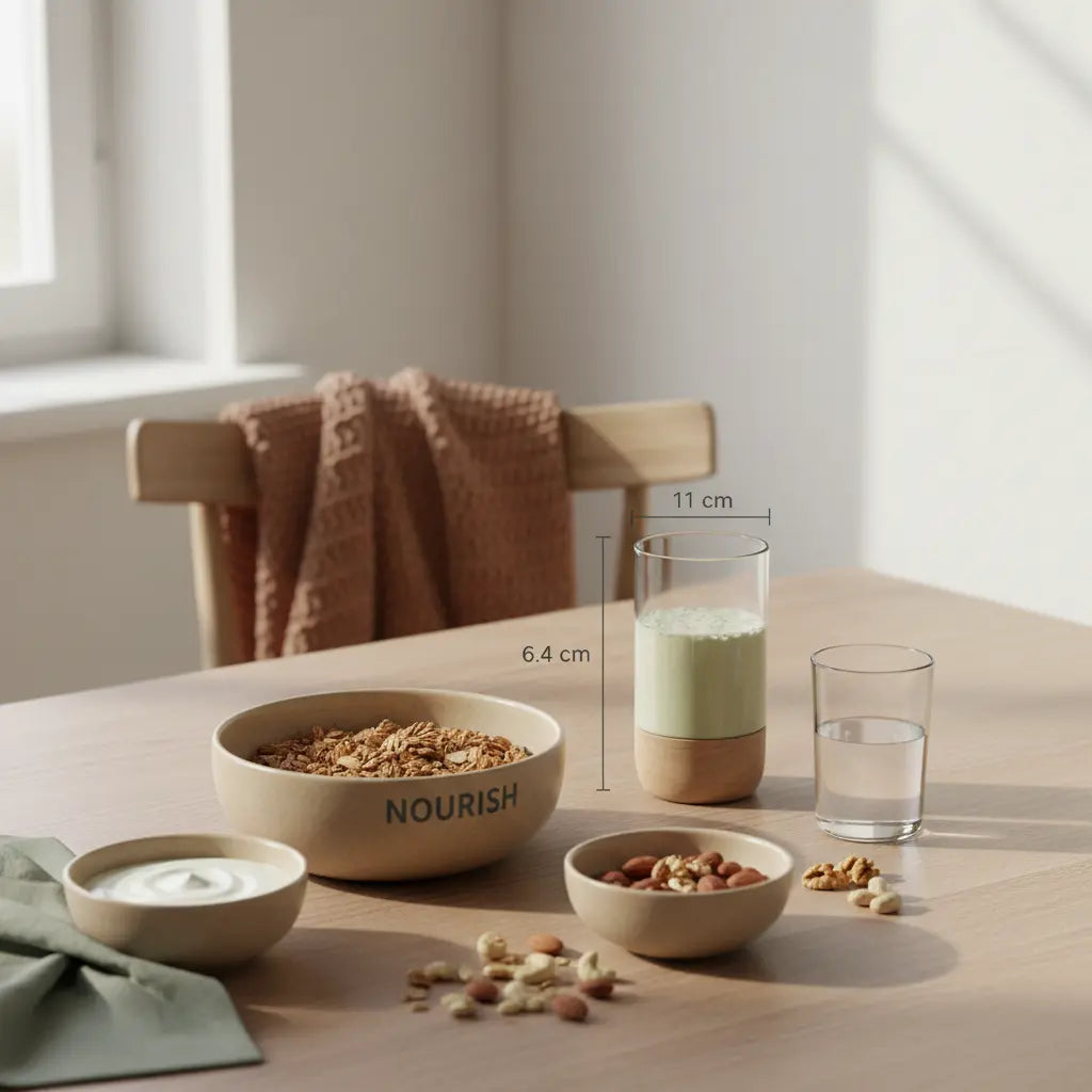 Minimalistisches veganes Frühstück mit Granola, Joghurt, Nüssen, Shake und Produkt aus den Referenzfotos auf Tisch in beige, salbei und Terrakotta — Omega-3