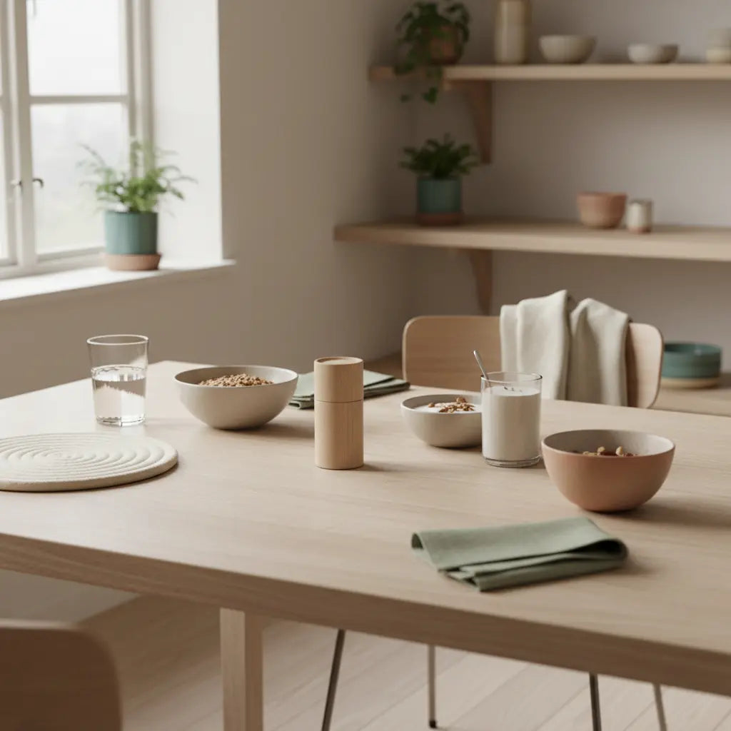 Minimalistisches Vegardians-Frühstück in warmem Morgenlicht: nachhaltiger Tisch mit Granola, Joghurt mit Nüssen, neutralem Shake und Wasserglas in einer europäischen Küche — omega-3 wirkung dauer