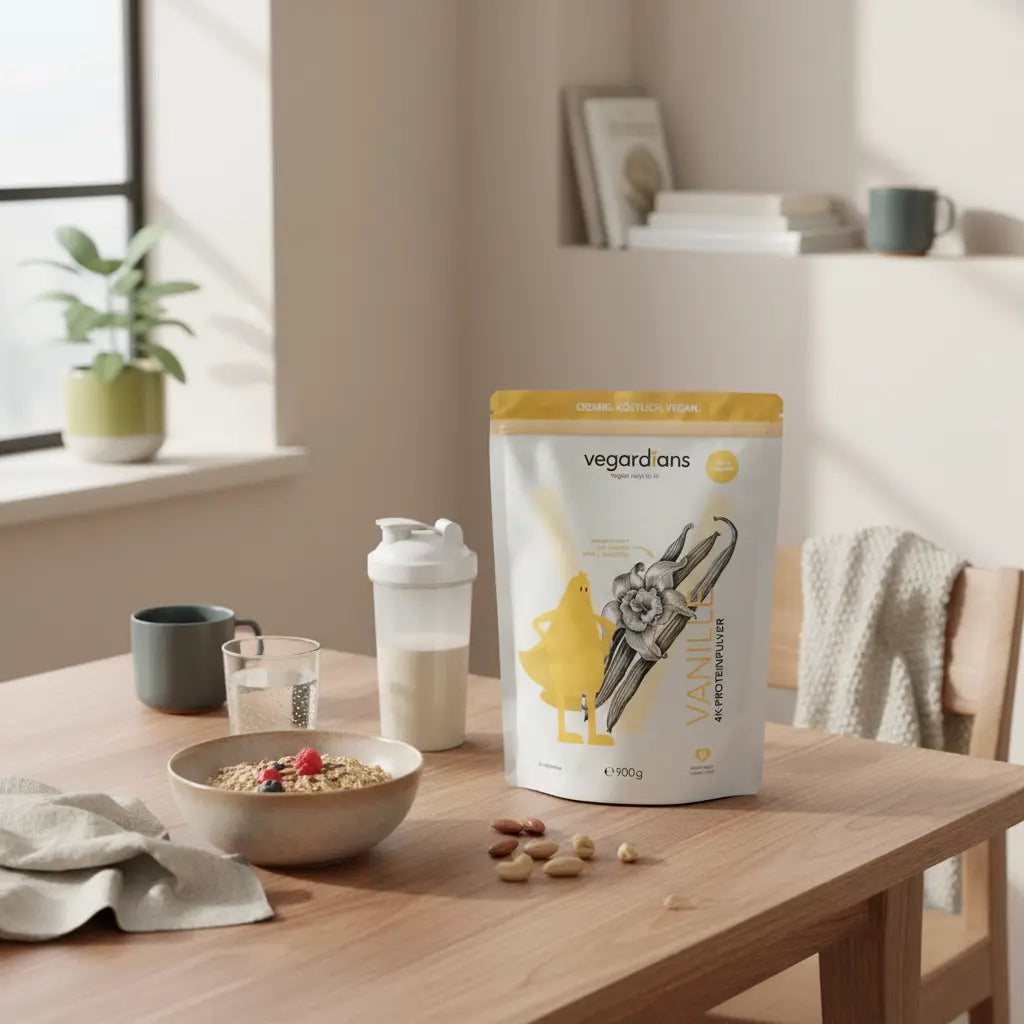 Veganer Frühstückstisch in europäischer Küche im Morgenlicht mit Haferbrei, Glas Wasser, Nüssen und Shake – personalisierten ernährungsplan erstellen