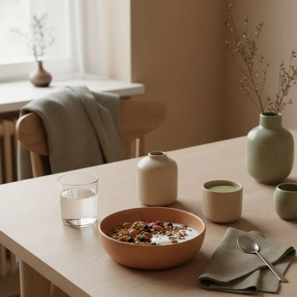 Veganer Frühstückstisch in europäischer Küche mit Granola, Joghurt, Nüssen und Shake als Inspirationsbild für persönlichen Ernährungsplan