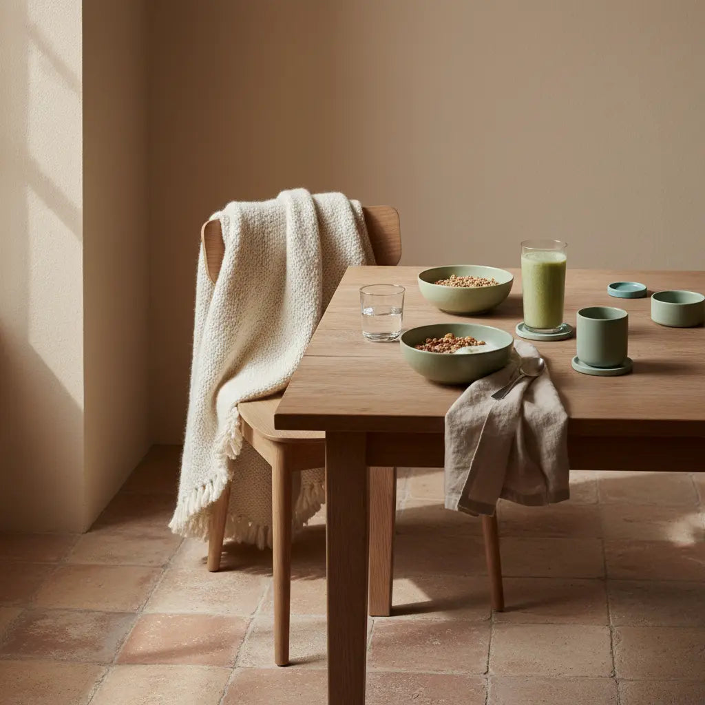Minimalistisches Frühstück mit pflanzenbasierter Ernährung: Granola, pflanzlicher Joghurt, Nüsse und Shake auf nachhaltigem Tisch in sanftem Morgenlicht.