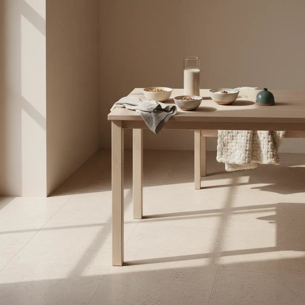 Minimalistisches Frühstück in europäischer Küche mit Granola, pflanzlichem Joghurt, Nüssen und Shake auf Holztisch; ruhige Atmosphäre und Fokus auf pflanzenbasierte Ernährung