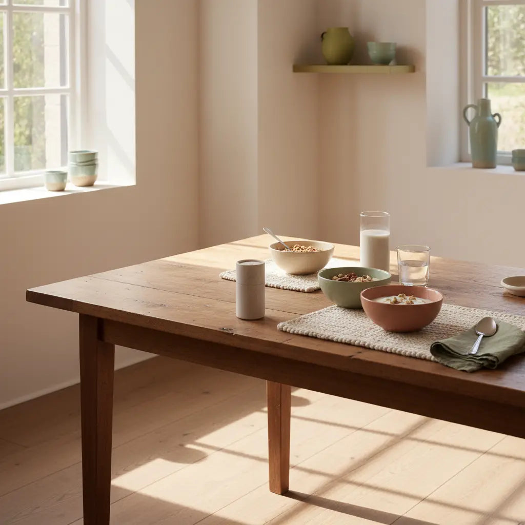 Minimalistisches Frühstück mit Granola, pflanzlichem Joghurt, Nüssen und Shake als pflanzliche eiweißquellen auf nachhaltigem Holztisch in europäischer Küche bei Morgenlicht