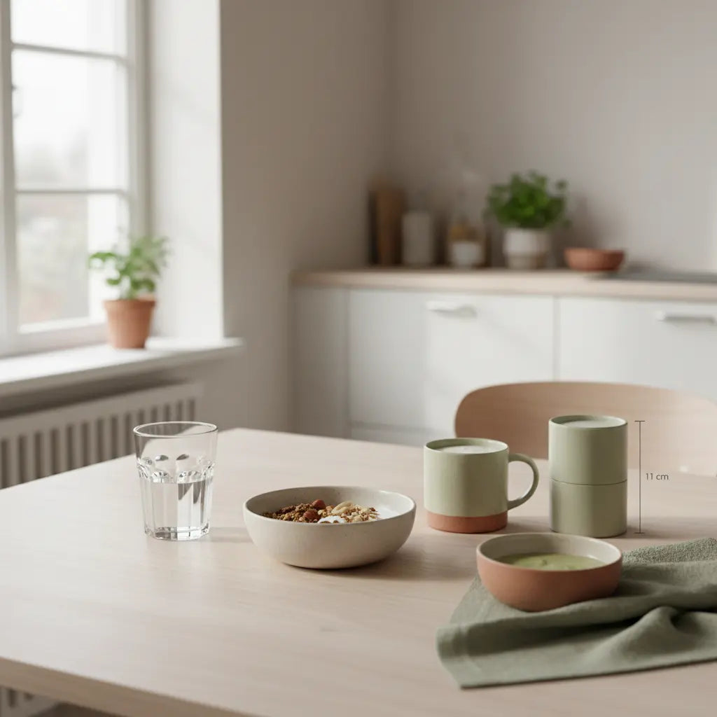 Minimalistischer Frühstückstisch mit Granola, pflanzlichem Joghurt, Nüssen und Shake – pflanzliche eiweißquellen in sanftem Morgenlicht