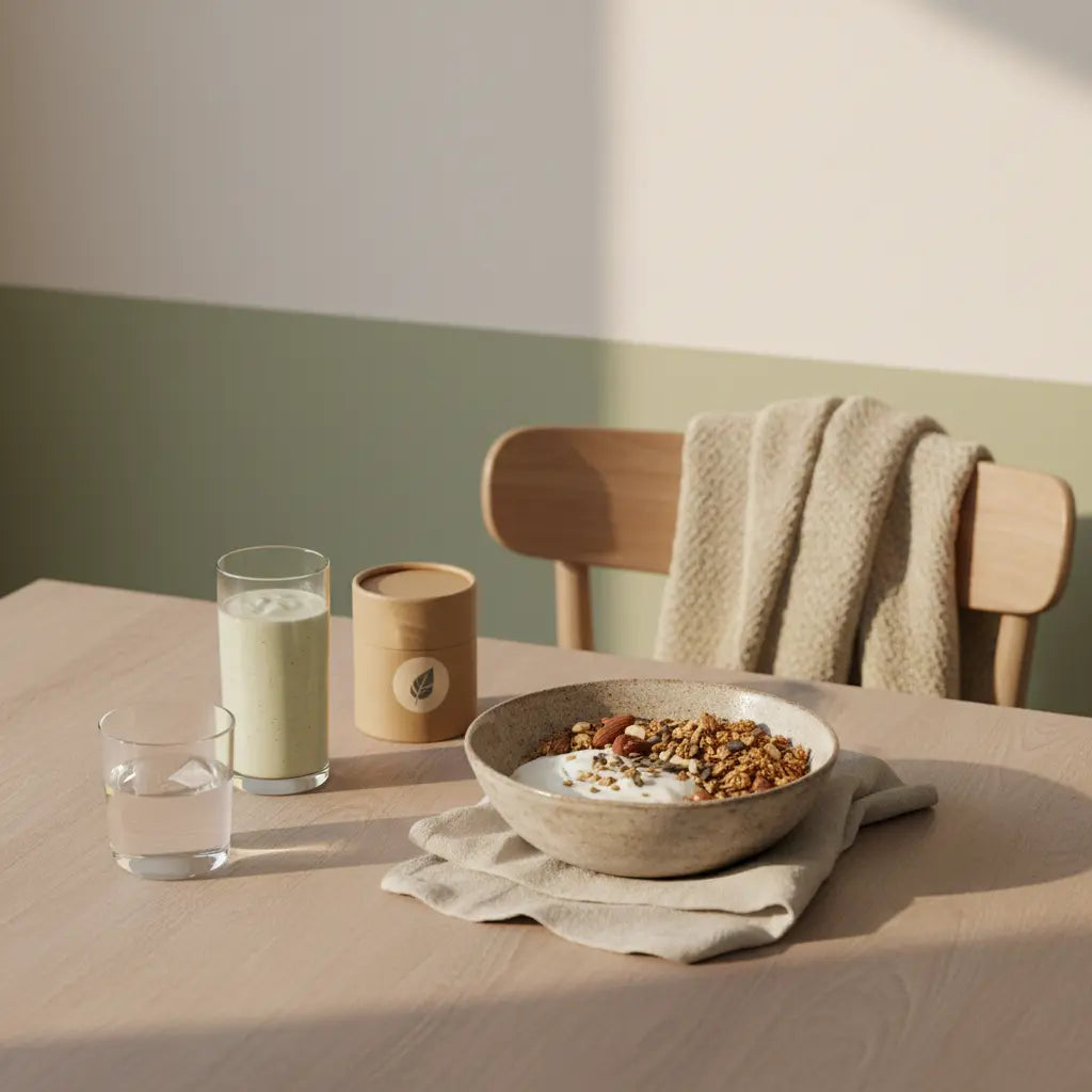 Minimalistisches veganes Frühstück mit Granola, Joghurt, Nüssen, Shake und einem Produkt aus den Referenzfotos – pflanzliche Eiweißquellen im ruhigen, nachhaltigen Frühstückssetting.