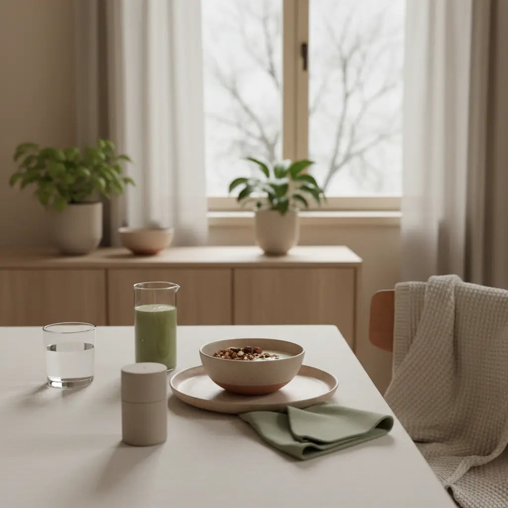 Minimalistisches veganes Frühstück mit Granola, pflanzlichem Joghurt, Nüssen, Shake und Produkt aus Referenzfotos in ruhiger Küche — pflanzliche Ernährung