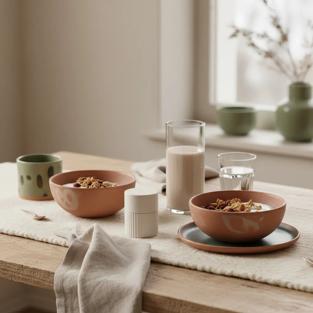 Minimalistisches Frühstück in europäischer Küche zur pflanzlichen Ernährung: Granola mit pflanzlichem Joghurt, Nüsse und Shake im Glas, Wolltexturen, Leinenservietten, keramische Schalen.