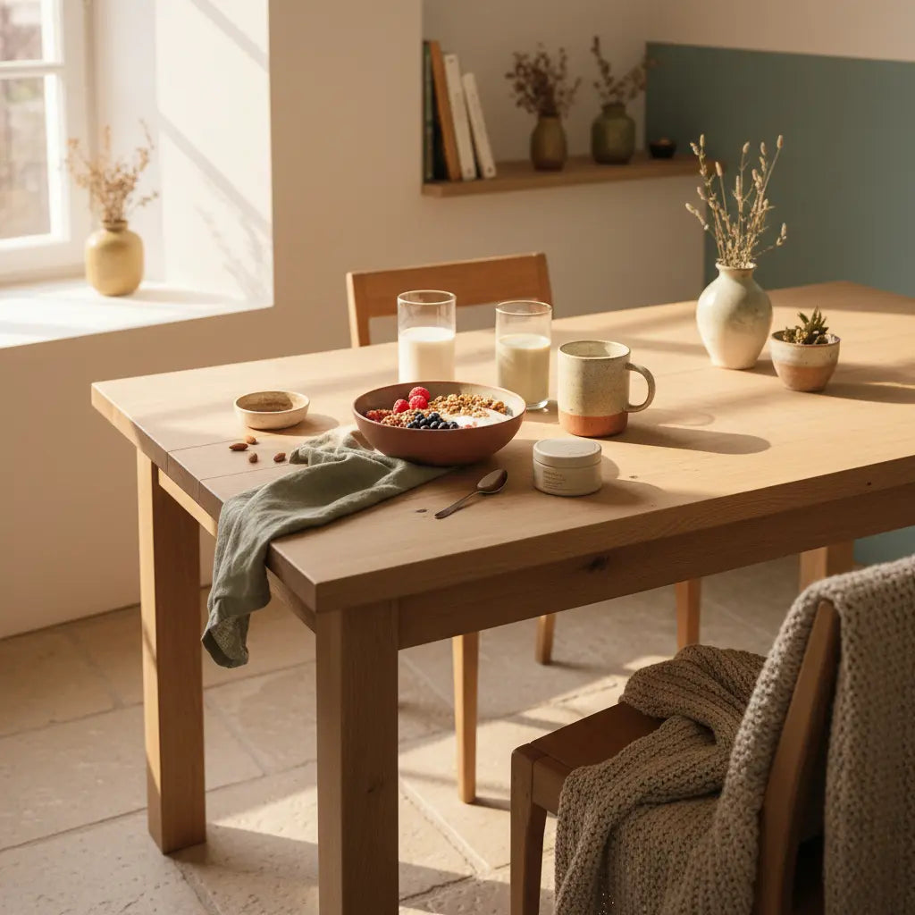 Veganes Frühstück mit Granola, pflanzlichem Joghurt, pflanzlicher Milch, Beeren, Nüssen und cremigem Shake auf schlichtem Tisch mit Woll- und Leinenakzenten im Morgenlicht; pflanzliche Ernährung