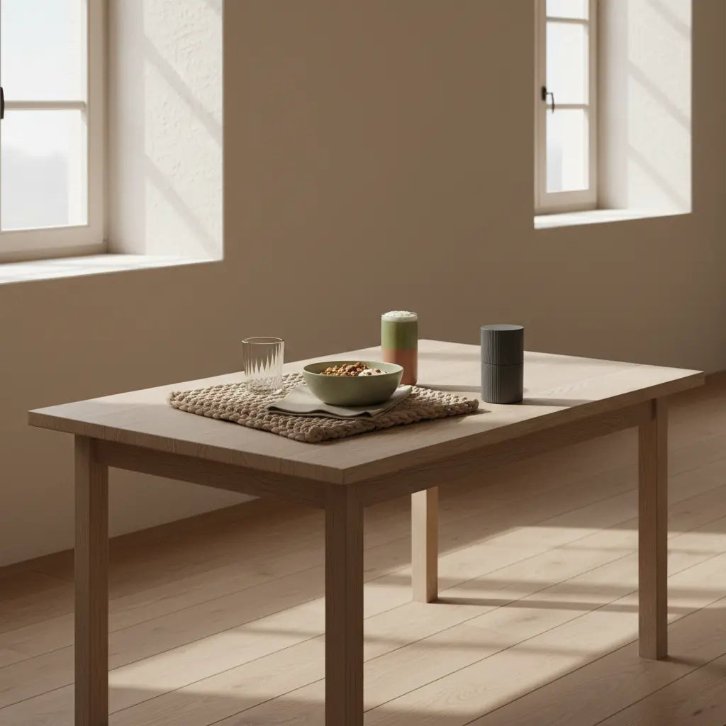 Minimalistisches Frühstück mit pflanzliche lebensmittel: Granola, pflanzlicher Joghurt, Nüsse und Shake auf nachhaltigem Tisch in ruhigem Morgenlicht.